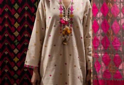 Tunika boho S 36 bawełna beżowa kolorowa wzór etno hippie indyjska orient