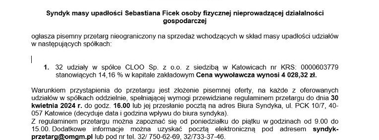 syndyk sprzeda udziały w spółce CLOO Sp. z o.o. -1