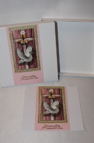 Kartka w pudełku na Pierwsza Komunia Święta biała różowa gołąbek dla dziewczynki-3
