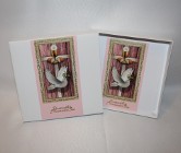 Kartka w pudełku na Pierwsza Komunia Święta biała różowa gołąbek dla dziewczynki