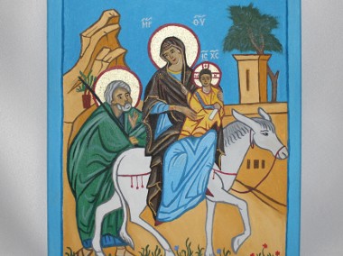 Obraz olejny stylizowany Święta Rodzina z osiołkiem ikona Maryja Józef i Jezus-1