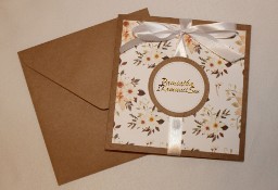 Kartka Pierwsza Komunia Święta boho eko brązowa beżowa kwiaty +personalizacja