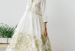 Nowa biała sukienka indyjska S 36 złoty biały wzór boho hippie bawełna