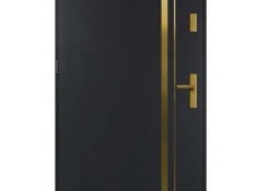Drzwi zewnętrzne ze złotą klamką i aplikacją