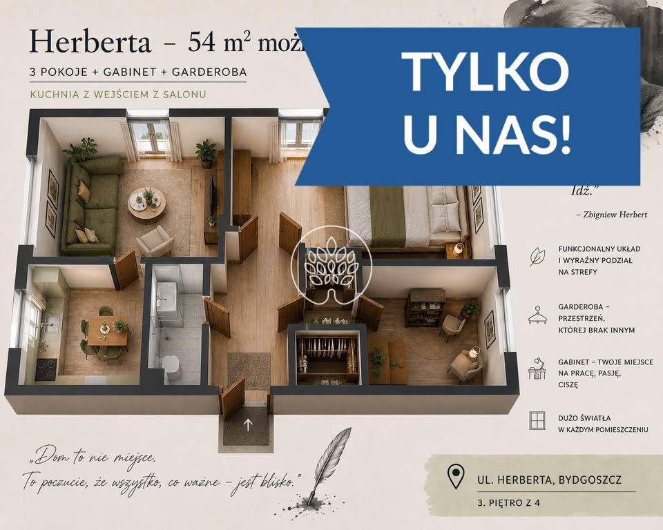 3 pokoje + garderoba | 54 m² | Herberta