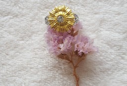 Nowy pierścionek srebrny kolor złoty kwiat słonecznik stokrotka cyrkonia