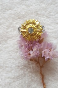 Nowy pierścionek srebrny kolor złoty kwiat słonecznik stokrotka cyrkonia-2