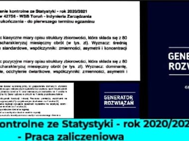 "Zadanie kontrolne ze Statystyki - rok 2020/2021" - Praca zaliczeniowa Excel.-1