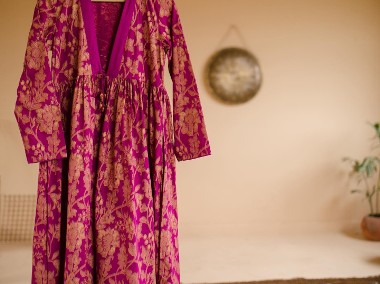 Orientalna narzutka kimono XXL 44 magenta róż złoto wzór etno boho hippie-1