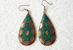 Kolczyki orientalne kolor złoty zielony czarny malachit kamień boho etno