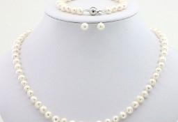 Nowy komplet pereł naszyjnik bransoletka kolczyki białe perły srebro 925 kolia