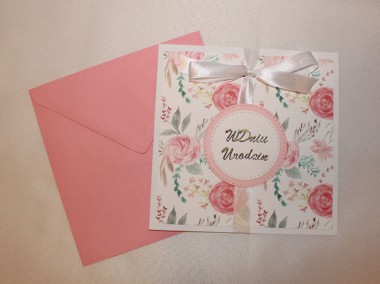 Kartki ręcznie robione HANDMADE kartka na urodziny w różowe kwiaty róże piwonie-1