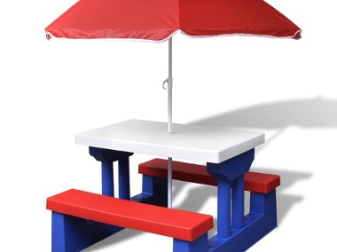 vidaXL Stół dla dzieci z ławkami i parasolem, wielokolorowy 41455-1