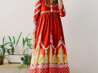Nowa sukienka indyjska czerwona XS 34 S 36 bawełna wzór etno folk boho hippie-1