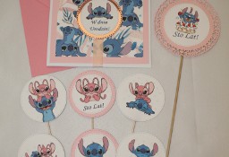 Zestaw na urodziny Lilo i Stitch Sticz - kartka pikery i topper na tort różowy