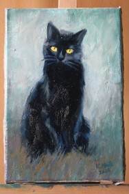 CZARNY KOT kotek portret kota obraz olejny na płótnie 20x30 cm-2