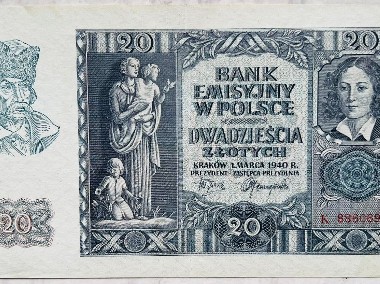 Banknot Polska Okupacja GG 20 złotych zł 1940 Seria K Stan I/II AU-1