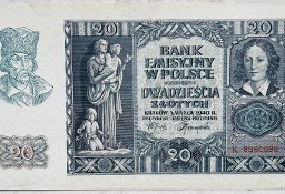 Banknot Polska Okupacja GG 20 złotych zł 1940 Seria K Stan I/II AU