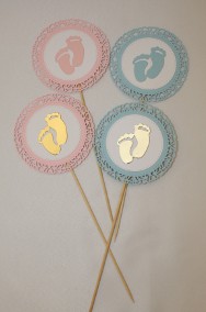 Topper ozdoba dekoracja Stópki dziecka Chrzest Baby Shower różowe lub niebieskie-2