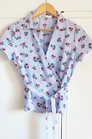 Bluzka koszula Zara M 38 niebieska wrap w kwiaty kwiatki len bawełna-2