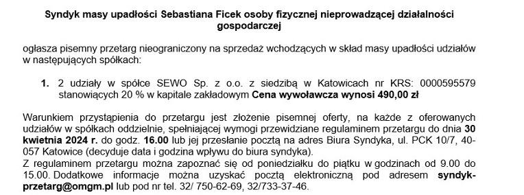 syndyk sprzeda udziały w spółce SEWO Sp. z o.o. -1