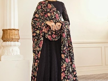 Nowa czarna suknia S 36 M 38 szyfon haft maxi szal spodnie jedwab Bollywood-1