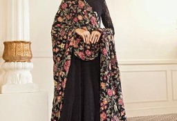 Nowa czarna suknia S 36 M 38 szyfon haft maxi szal spodnie jedwab Bollywood