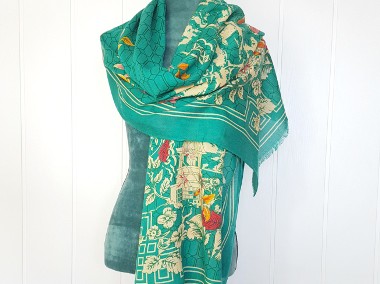 Nowy lekki szal tkany z wełną orientalny zielony kwiaty elegancki-1