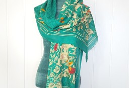 Nowy lekki szal tkany z wełną orientalny zielony kwiaty elegancki