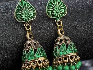 Kolczyki indyjskie jhumka jhumki wiszące etno boho hippie folk zielone złote-1