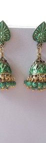 Kolczyki indyjskie jhumka jhumki wiszące etno boho hippie folk zielone złote-3