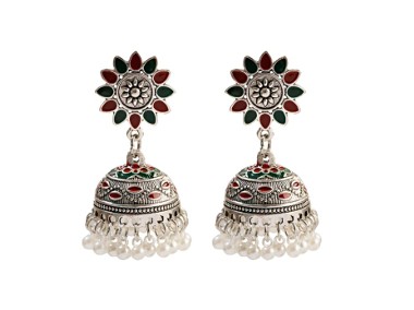 Nowe kolczyki indyjskie srebrny kolor czerwone zielone białe koraliki perełki-1