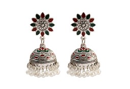 Nowe kolczyki indyjskie srebrny kolor czerwone zielone białe koraliki perełki