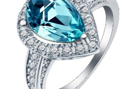 Nowy pierścionek srebrny kolor jasnoniebieska cyrkonia niebieska duży retro
