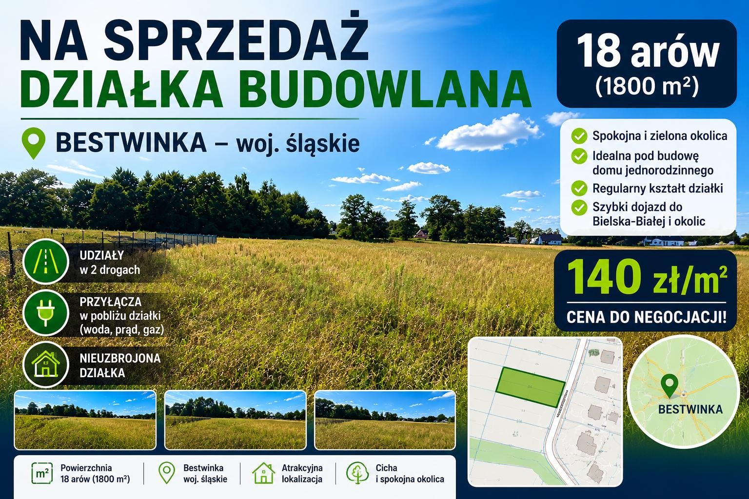Działka budowlana 18 arów – Bestwinka | 140 zł/m² | Udziały w drogach, Bestwina