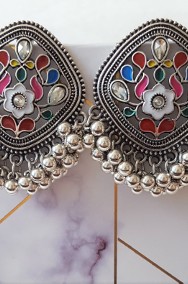 Nowe kolczyki orientalne cygańskie tureckie kwiaty srebrny kolor boho etno folk-2