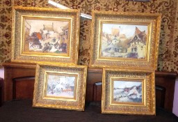 4 obrazy olejne na płótnie Kazimierz Dolny pejzaż ręcznie malowane złote ramy 