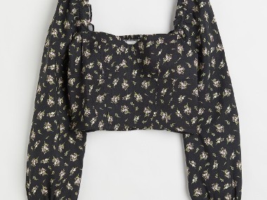 Bluzka H&M L 40 kwiaty wzór floral top milk maid len lniana czarna retro-1