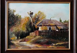 obraz olejny "chata z bocianami" 40x50 cm