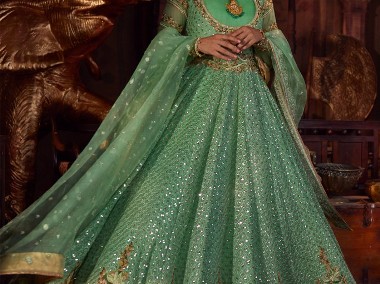 Nowa suknia balowa XS 34 zielona cekiny haft szyfon chusta szal spodnie indyjska-1