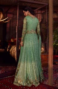 Nowa suknia balowa XS 34 zielona cekiny haft szyfon chusta szal spodnie indyjska-2