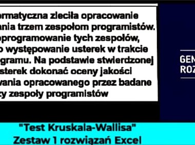 "Test Kruskala-Wallisa" - Zestaw 1 rozwiązań Excel z dziedziny - #TESTY-1