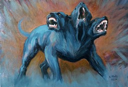 CERBER pies mitologia fantasy duży obraz olejny 50x70