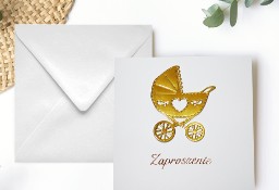 Zaproszenie na Chrzest Święty dziecka złoty wózek chrzciny + personalizacja