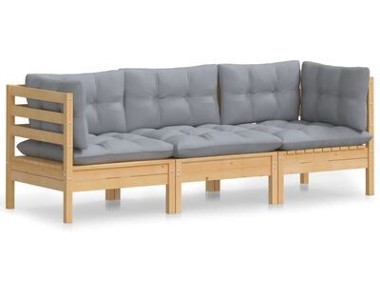 vidaXL 3-osobowa sofa ogrodowa z szarymi poduszkami, drewno sosnowe-1