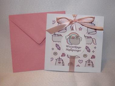 Kartka różowa na urodziny lub imieniny dla dziecka kot Pusheen kotek  jednorożec-1