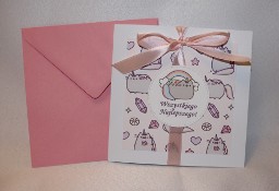 Kartka różowa na urodziny lub imieniny dla dziecka kot Pusheen kotek  jednorożec