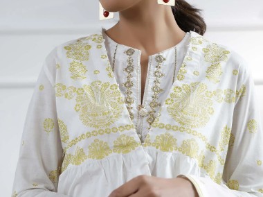 Nowa biała sukienka indyjska M 38 boho hippie złoty wzór folk etno Bollywood-1