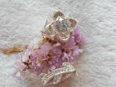 Nowy pierścionek podwójny srebrny kolor kwiat dwa pierścionki obrączka-1