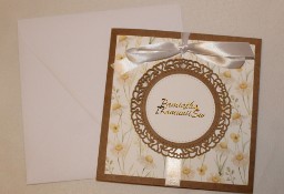 Kartka Pierwsza Komunia Święta boho eko brązowa kwiaty koronkowa +personalizacja